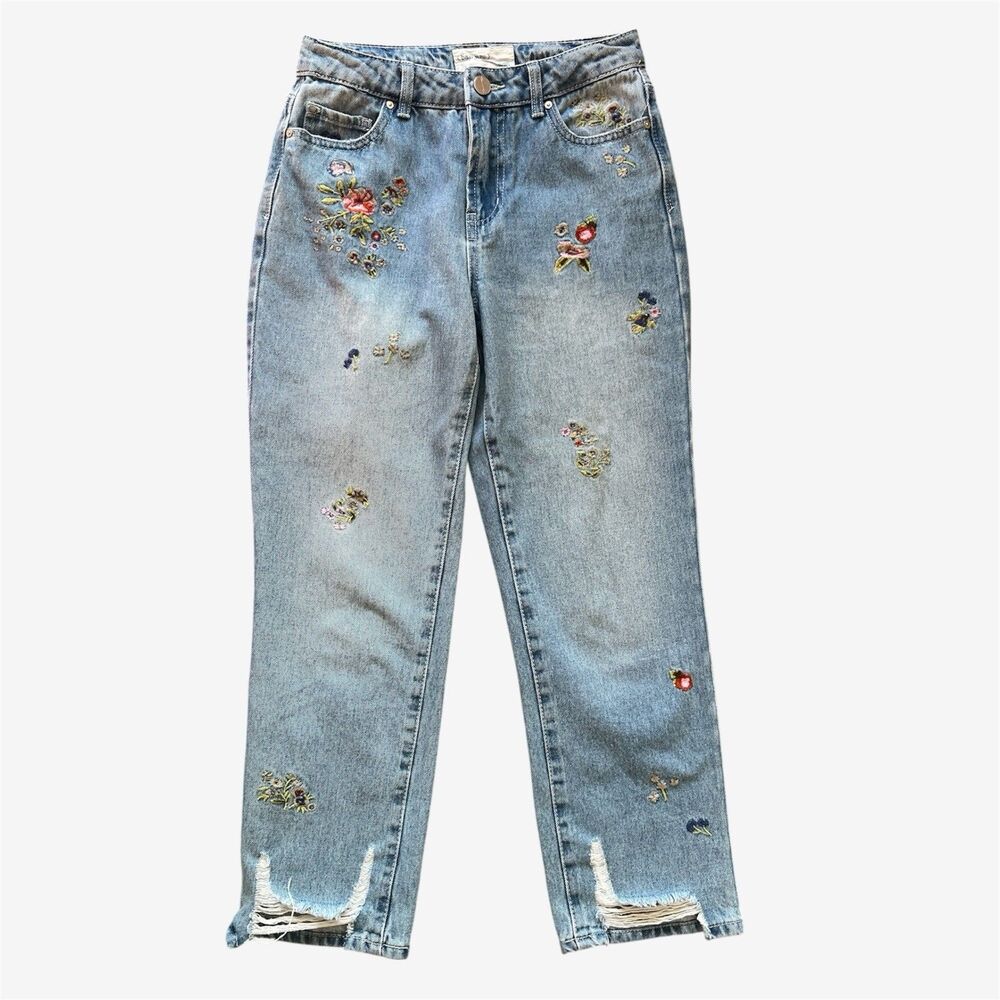 banjara Women Jeans Ankle Straight Leg Floral Embroidery Cotton 3/25